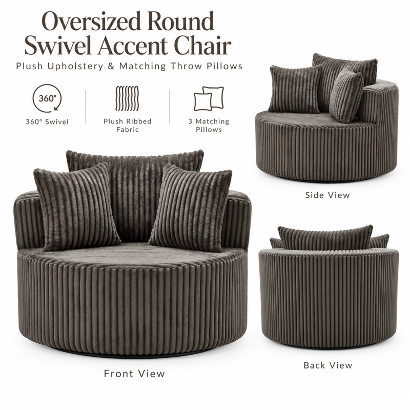 Fauteuil pivotant rond surdimensionné Devingo avec revêtement moelleux et coussins décoratifs, Brown