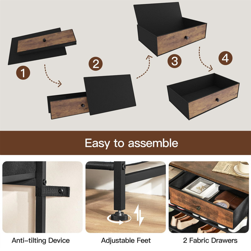 Rustic Brown 5-Tier Shoe Rack with Fabric Shelves and Wooden Top