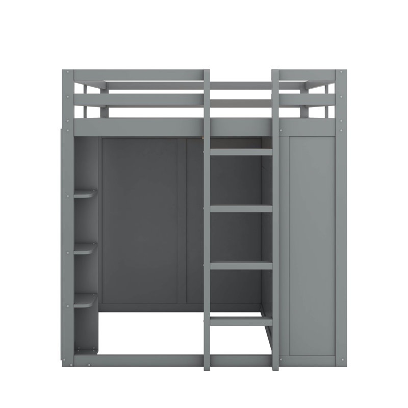 Lit mezzanine double avec tiroirs, tablettes et lumière, Gris