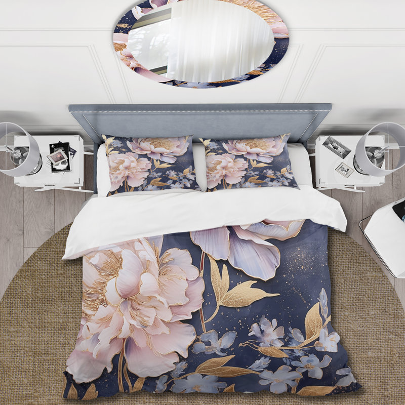 Pivoines roses rétro sur fond bleu - ensemble de housse de couette floral - microfibre de polyester