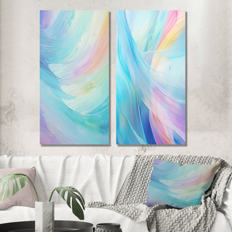 Soft Cyan Rainbow Whisper - Formes abstraites, ensemble de 2 impressions sur toile, H 28 po x l 25 po, Toile tendue