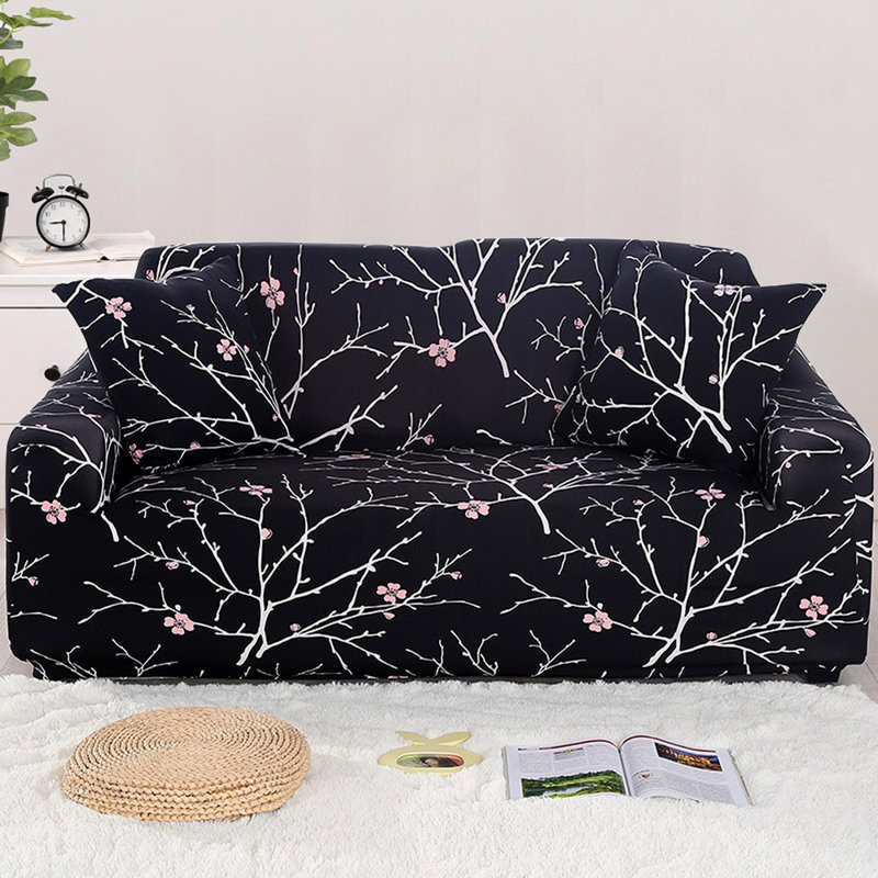Housse pour canapé extensible 3 places, H 45 po x l 118 po x P 30 po, Mélange de polyester fleurs noires