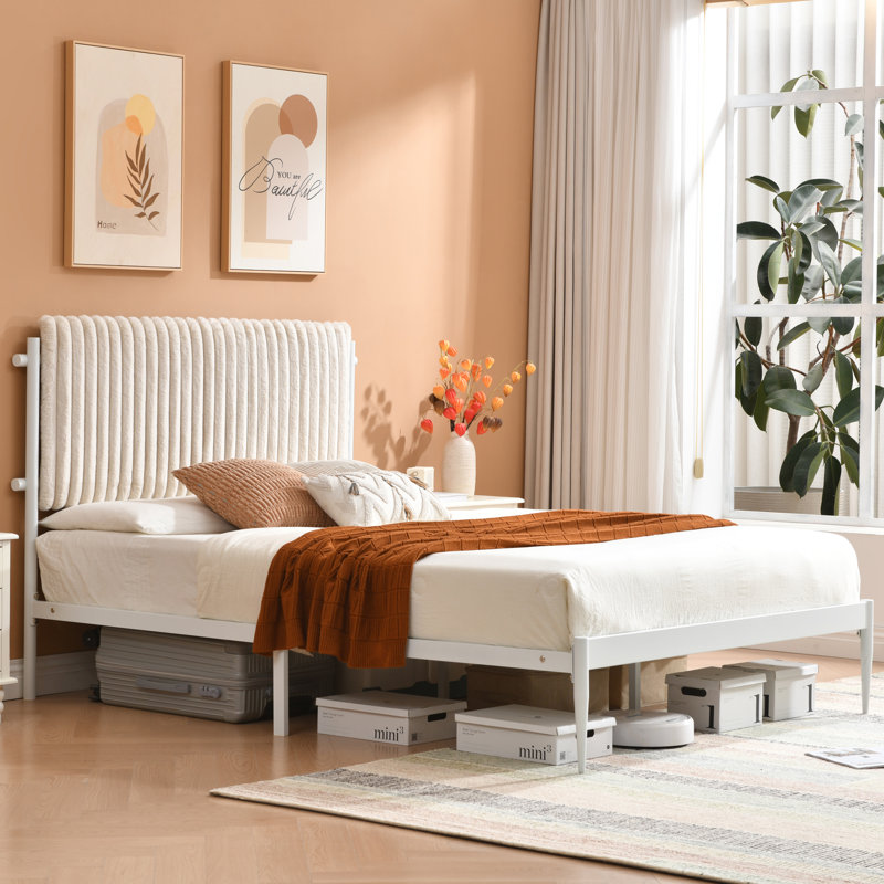 Heavy Duty Metal Platform Bed Frame with Headboard, No Box Spring Needed, Sturdy Steel Slat Support, Full, Cream