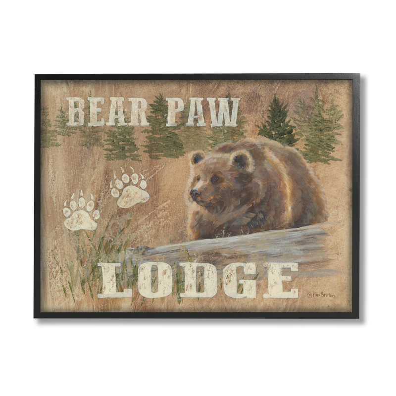 «Bear Paw Lodge Cabin Paw Shapes» par Pam Britton - cadre flottant, impression sur bois, Giclée encadrée noir minuit