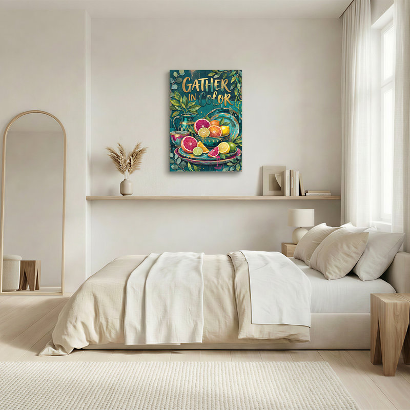 Art mural sur toile fond de tranches d'agrumes et de texte doré sur fond sarcelle, H 30 po x l 20 po