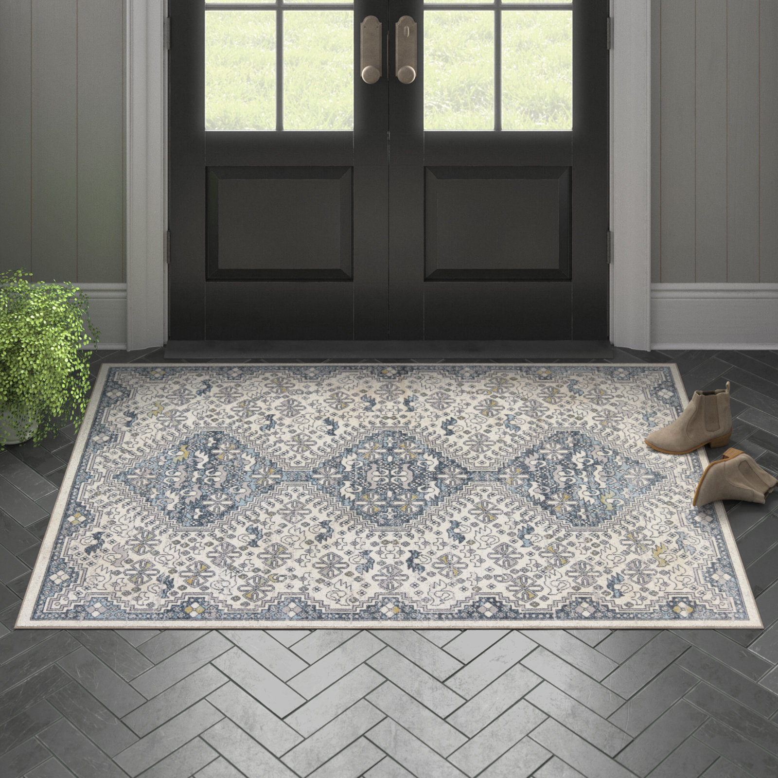 Phoebe Cream/Blue Rug, Rectangle 4' x 6'