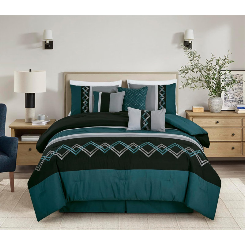 Microfiber Modern & Contemporary 7 Piece Comforter Set, King Comforter + 6 Additional Pieces, Teal/Black/Gray