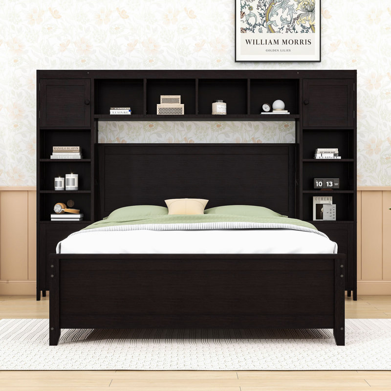 Lit double en bois avec rangement intégré et tablettes décoratives, Espresso