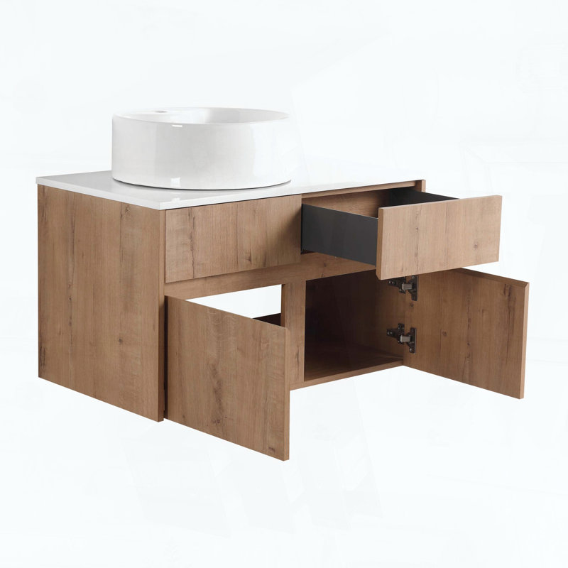 32 Wall-Mounted Bathroom Vanity with Ceramic Art Basin, Imitative Oak + Round Sink