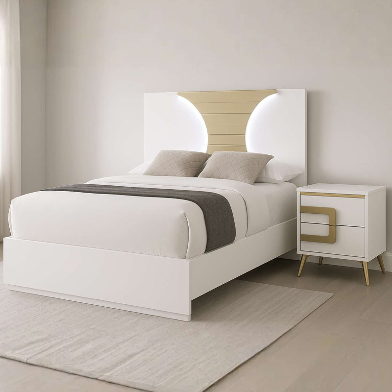 Ensemble de chambre à coucher grand lit 2 pièces avec tête de lit à DEL blanche et dorée et table de chevet assortie, Grand