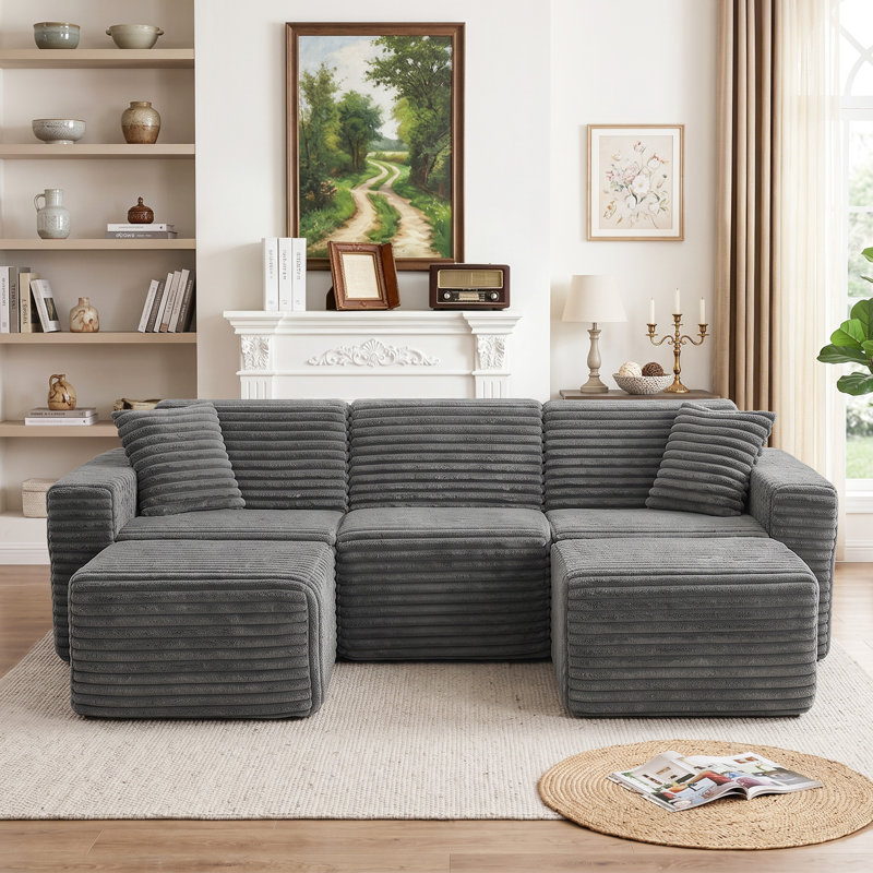 Canapé modulaire 5 pièces rembourré en flanelle de fourrure de lapin, Fausse fourrure grise