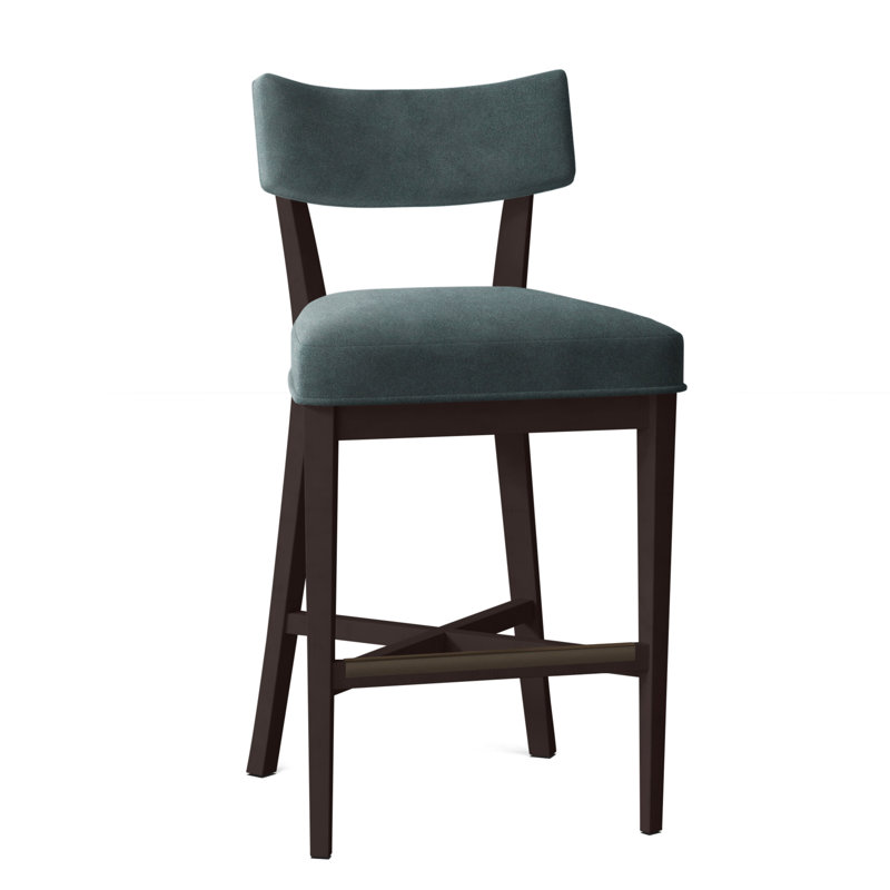 Juliet Upholstered Stool with Solid Wood Frame, Espresso, Perigold Palmetto Verdigris, Bar Stool (29.5" Seat Height)