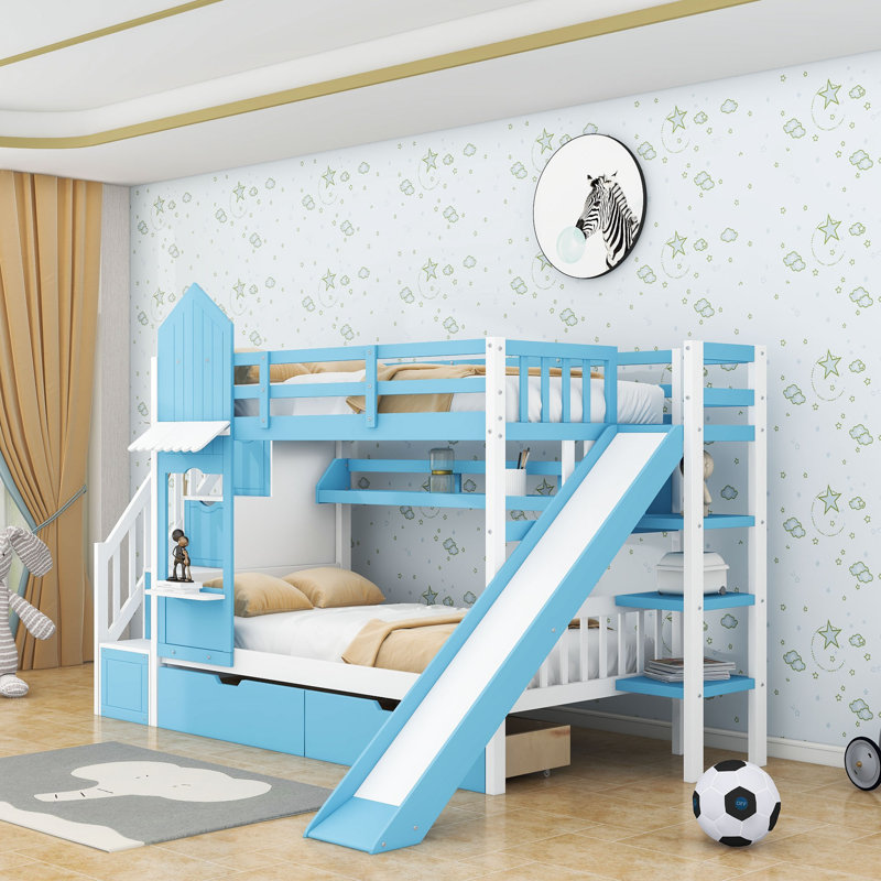 Hannu 2 Drawers Bunk Bed with Storage Stairs, Slide and Bookcase, Blue, Twin over Twin