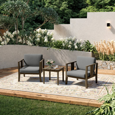 Polett Teak Outdoor Two-Person Patio Set With Cushions And Side Table