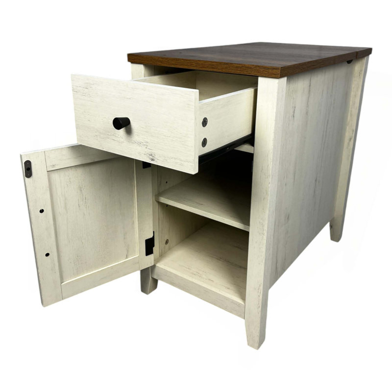 Chirles Farmhouse End Table With Charging Station, Night Stand With Barn Door And Drawer, Storage For Bedroom Living Room, Bedside Table