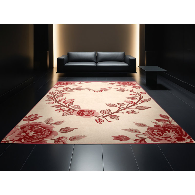 Soft Plush Feliz Valentines Modern & Contemporary Abstract Area Rug in Beige – Rose Binding, 4x6