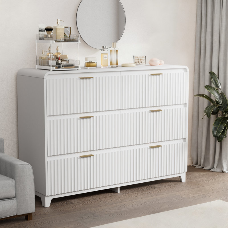 Commode 6 tiroirs pour chambre à coucher, commode moderne cannelée avec poignée Mrtal pour le salon, blanc, Blanc