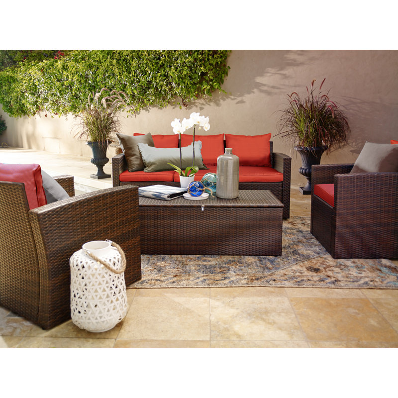 Arlington Wicker 5 - Person Seating Group with Cushions, Dark Brown Frame/Orange Cushion