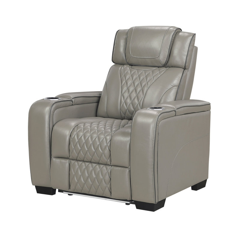 Akon Power Recliner, Heat Massage, USB, LED Light, Gray Genuine Leather, Gray Faux Leather