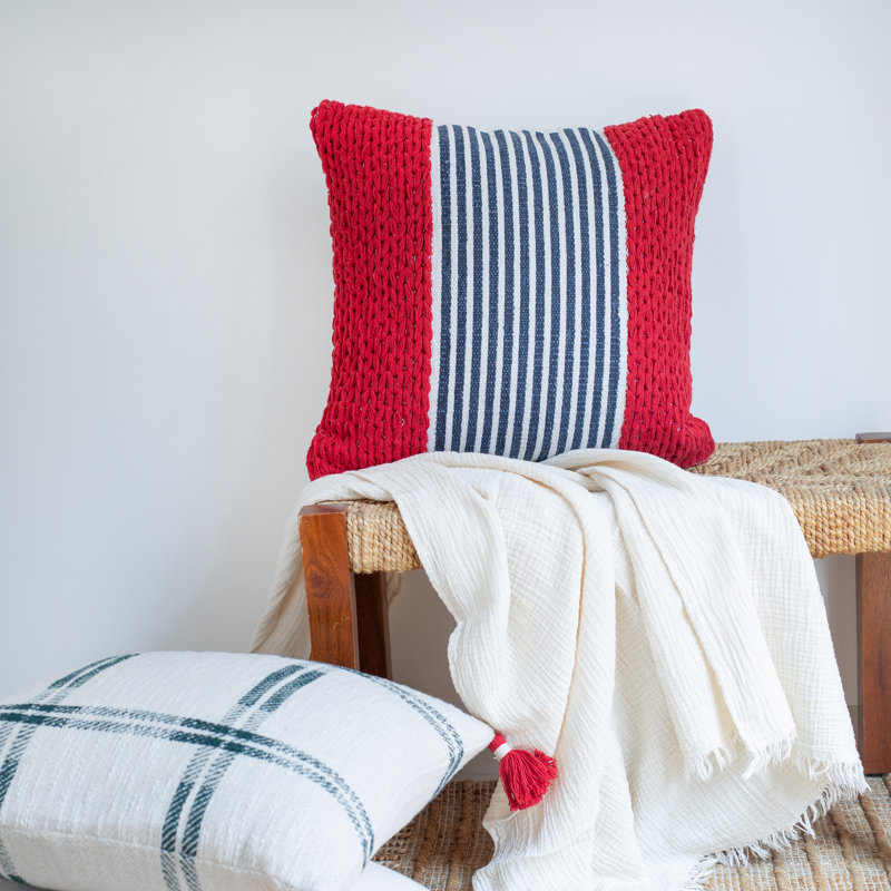 Red and Blue Nautical Striped Square Throw Pillow