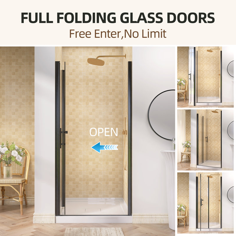 34" W X 72" H Frameless  Bifold Pivot Swing Glass Shower Door With Tempered Glass Panel, Matte Black