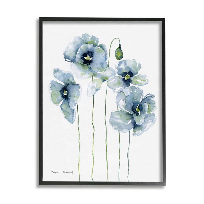 «Modern Poppy Blooms Blue Abstract» par Stephanie Workman Marrott - cadre flottant, impression sur bois