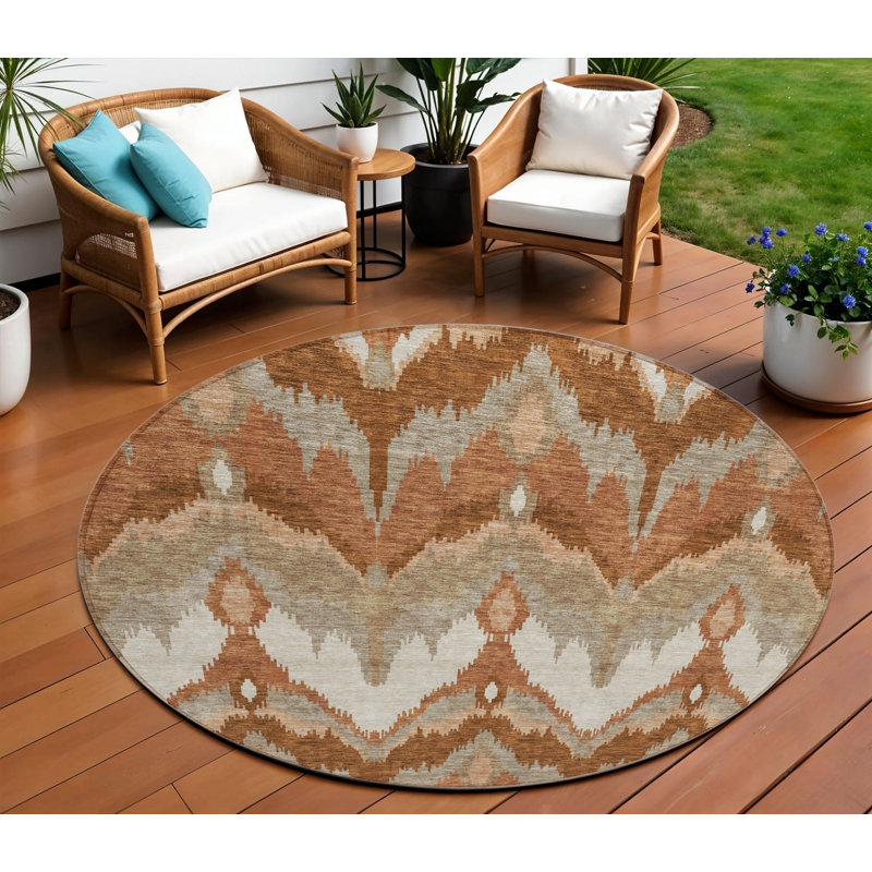 Tapis rond lavable intérieur ikat 8 pi beige et cuivre orange