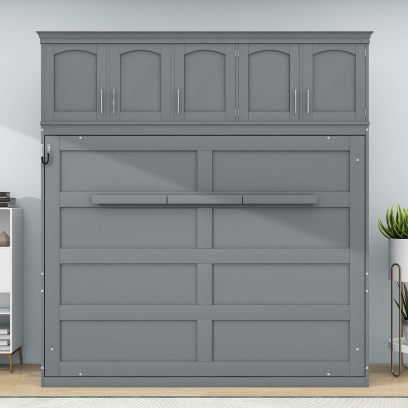 Ludgero Wooden Murphy Bed Wall Bed with Cabinets, Gray, Full