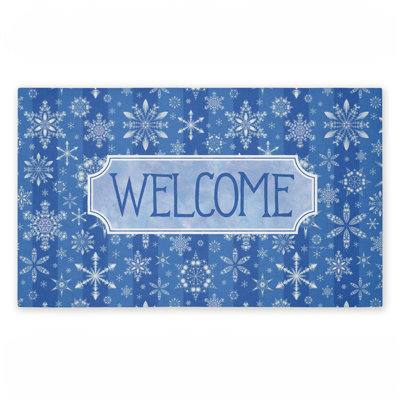 Tapis de porte d'extérieur à motif de flocons de neige Welcome Blue, par Tim Coffey, 18 po x 30 po