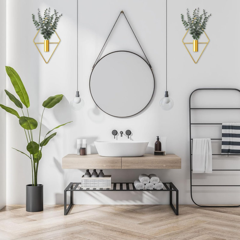 4 pots de fleurs suspendus avec un vase suspendu en métal d'eucalyptus artificiel pour plantes d'intérieur Support de salle de bain moderne géométrique Boho pour le bureau à domicile (eucalyptus, or)