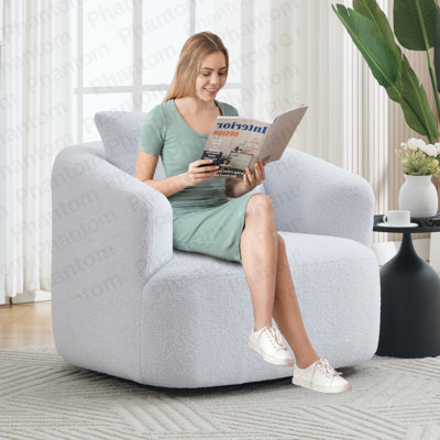 Fauteuil rembourré rond pivotant à 360 ° avec un coussin moelleux, canapé en éponge à haute résilience en molleton Teddy, sans assemblage pour le salon, la chambre à coucher, l’appartement, blanc