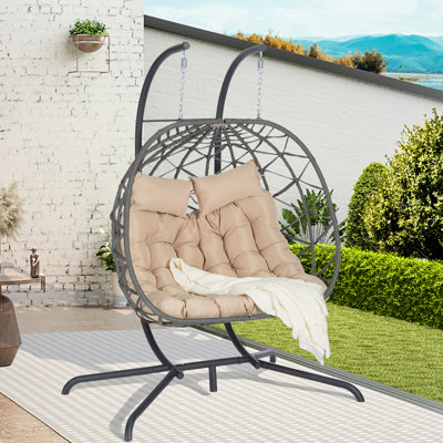 Fauteuil extérieur pour 2 personnes: fabrication en fer, coussin protégé, fabriqué à la main et respirant, structure solide suspendue à la chaise de patio, mobilier confortable en coton fabriqué à la main