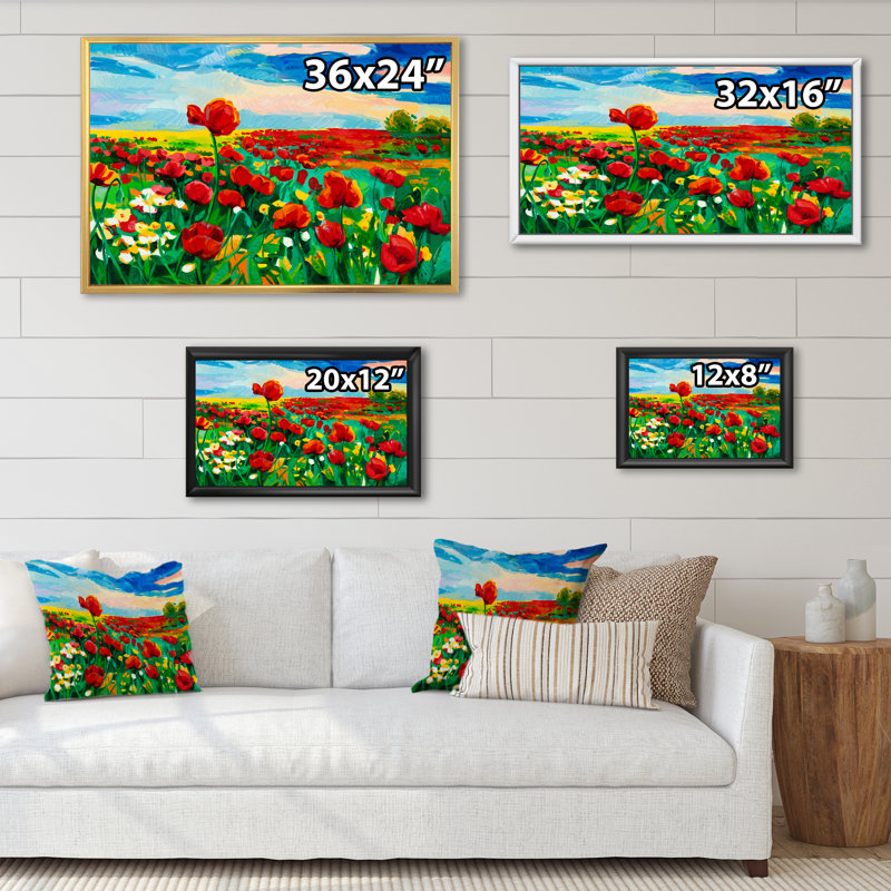 Coquelicots - reproduction sur toile, H 16 po x l 32 po x P 1 po, Toile avec cadre flottant blanc