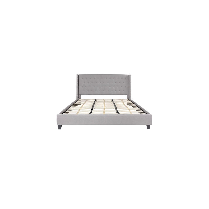 Light Gray Twin Upholstered Platform Bed with Tufted Headboard and Nailhead Trim