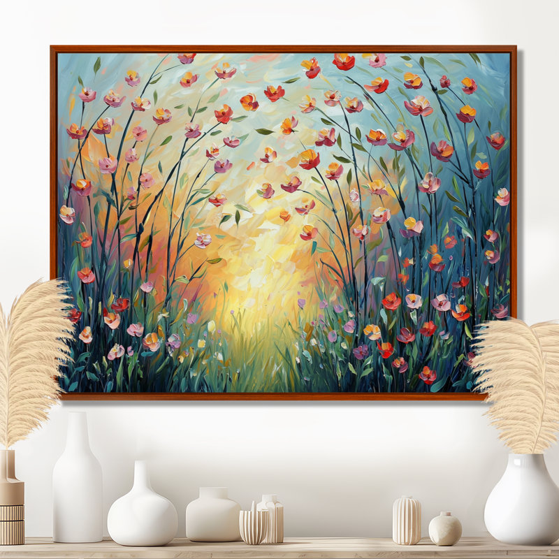 Coucher de soleil fleurs sauvages dans la nature II - Fleurs murales sauvages, H 34 po x l 44 po, Cadre flottant, Brun