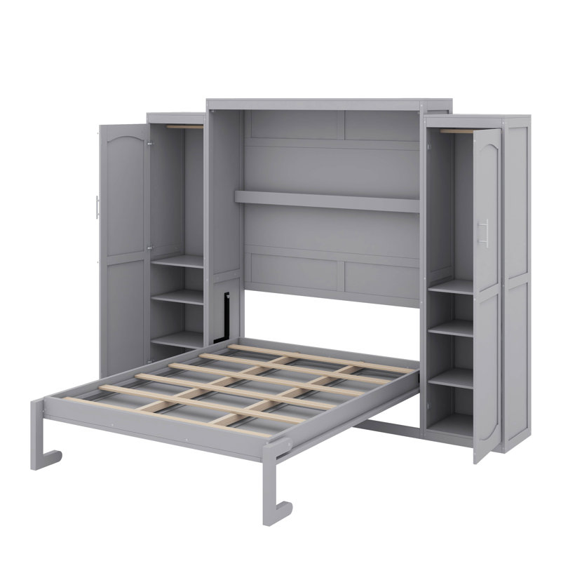 Lit escamotable avec garde-robe et tablette de rangement, Lit double , Gris