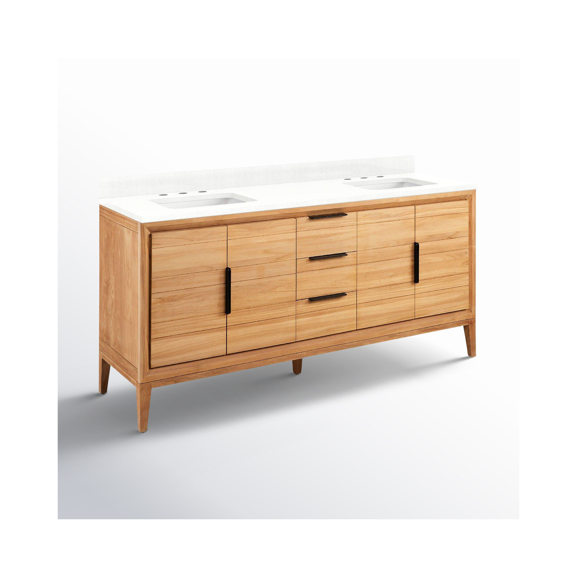 Aliso 72" Double Bathroom Vanity, 8" Widespread, Feathered White Quartz, Natural Teak