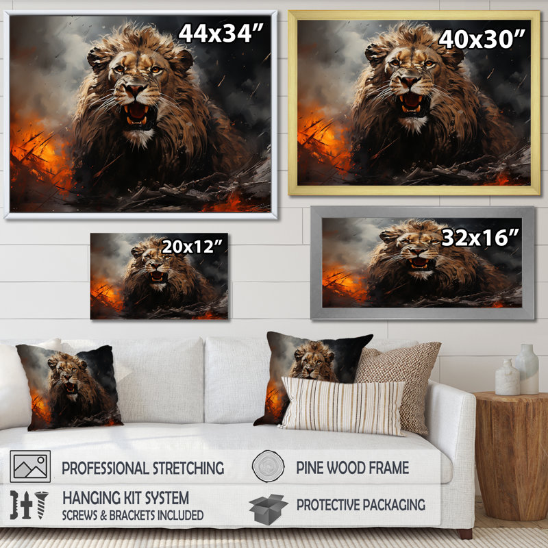 «Feral Passion Roar Lion» sur toile, Cadre doré simple, H 12 po x l 20 po x P 1 po
