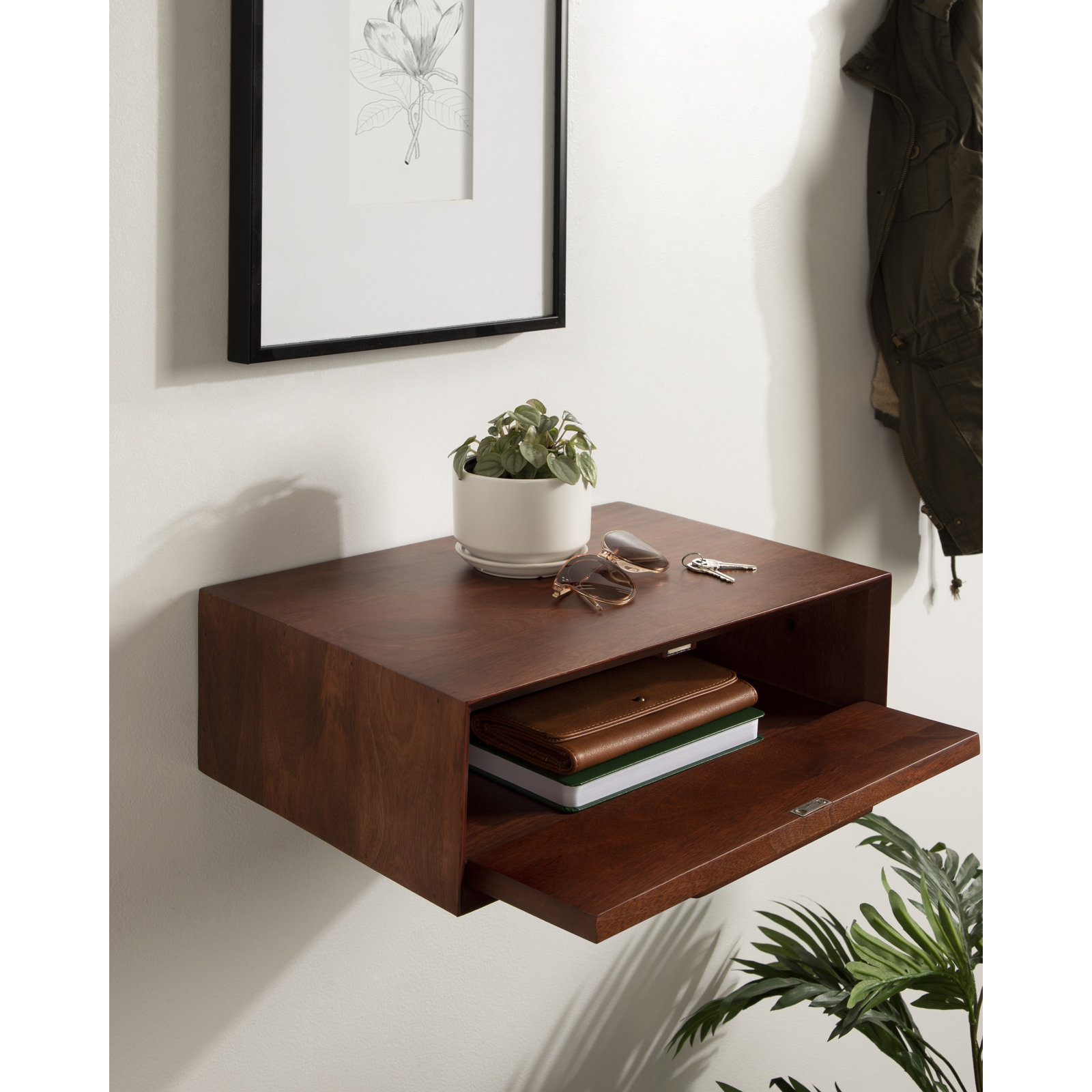 Geoffry Mango Solid Wood Floating Wall Shelf with Drawers, Walnut Brown