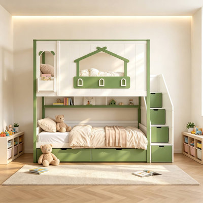 Lit superposé en bois bicolore en forme de maison avec escalier de rangement, niche de rangement et 2 tiroirs sous le lit