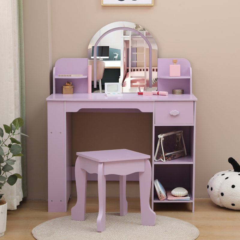Ensemble de coiffeuse pour enfants avec miroir lumineux et tabouret, ensemble de coiffeuse en bois pour petite fille et maquillage avec lumière DEL réglable, bibliothèque, tiroir de rangement et tablettes pour filles de 3 à 9 ans, mauve