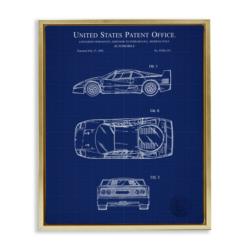 Art automobile, "Blue car" par Charles Hronek, H 31 po x l 25 po, Cadre flottant orme Montalcino