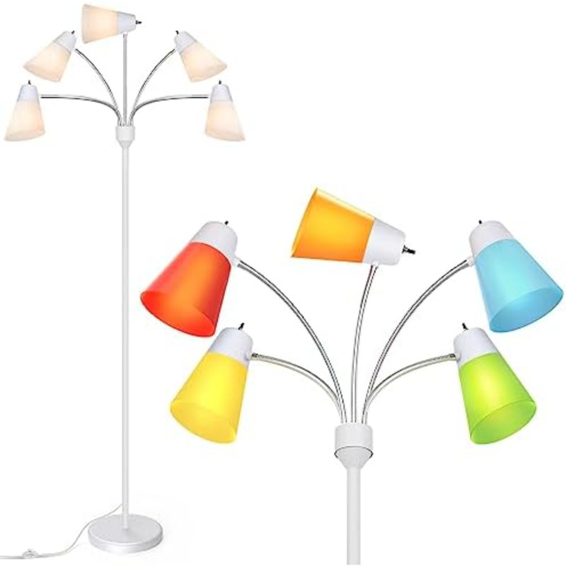 Floor Lamp, Medusa Multi Head Modern Tall Standing Light Fixture, Rustic Adjustable Gooseneck LED Reading Light For Living Room, Bedroom, Kids 5 White & Colored Lamp Shades, White