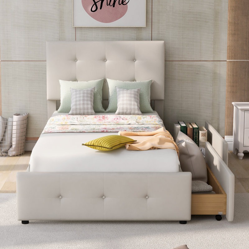 Upholstered European Single Metal Drawers Bed