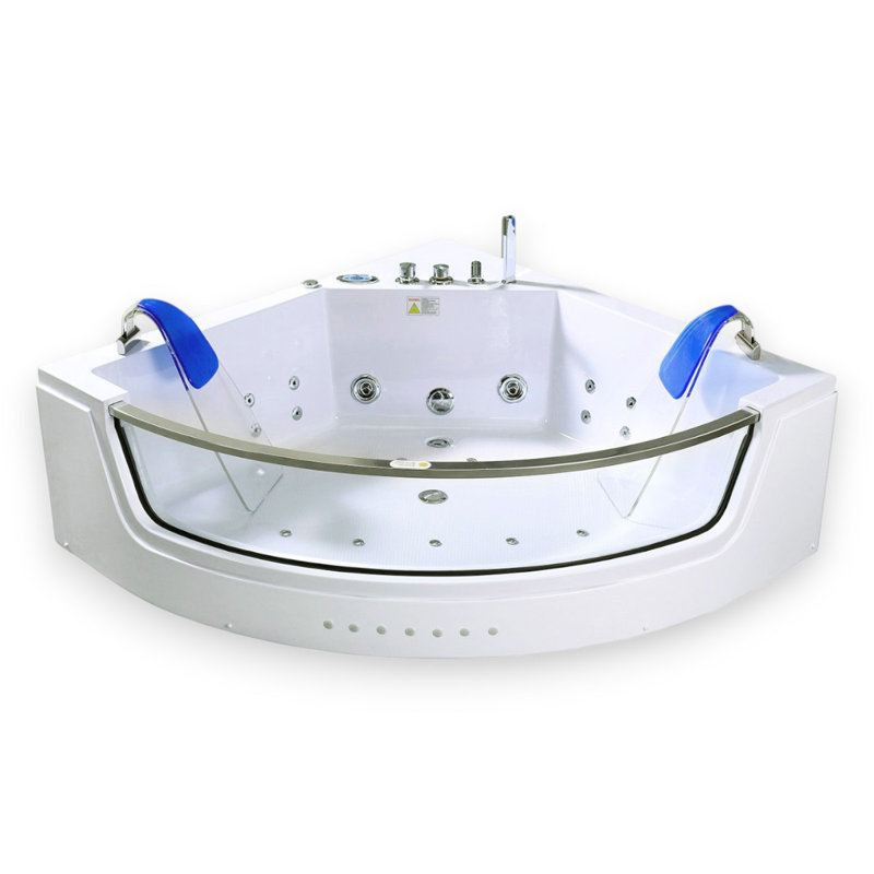 CAPRI 60" x 60" 2-Person Corner Whirlpool Bathtub with Dual Pump, Chromotherapy & Glass Front Panel