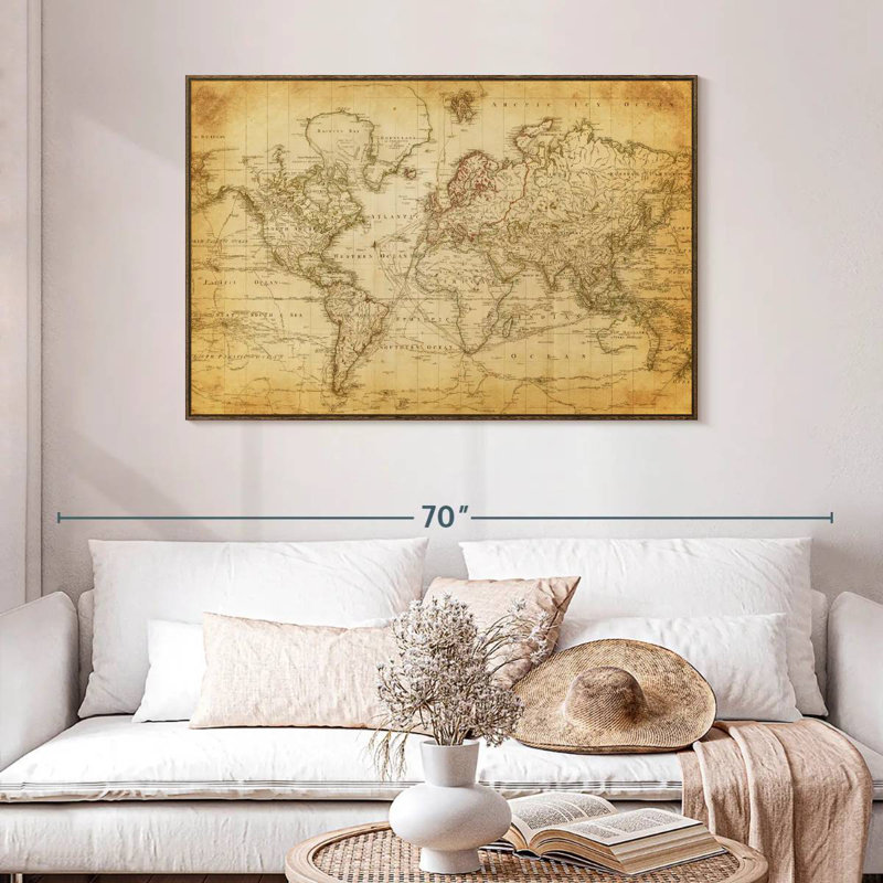 Carte du monde de l'Ancien siècle, 46 po x 31 po, Cadre flottant en noyer