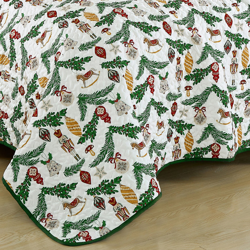 3 Pcs Christmas Evergreen Print Bedspread Set, King Quilt + 2 Shams