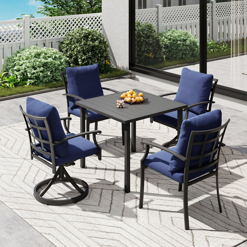 Ivyglow 5-Piece Black Metal Patio Dining Set With Square Table, 2 Swivel Dining Chairs And Blue Cushions, Blue