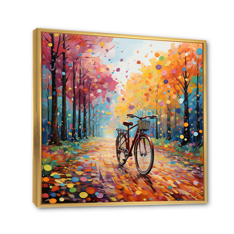 Vélo joyeux chevauchant le pointillisme II, H 24 po x l 24 po, Cadre flottant doré