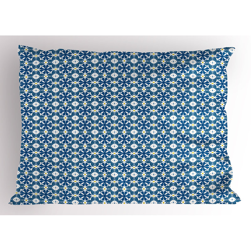 Portuguese Tile Art Navy Blue Yellow Microfiber Pillow Sham Set